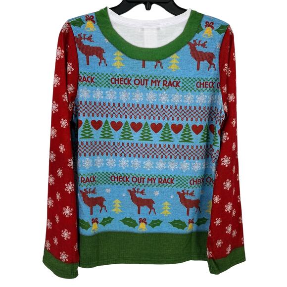 Faux Real Check Out My Rack Deer Photo Ugly Christmas Print Shirt Womens Sz L - Picture 4 of 5